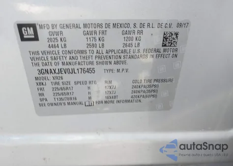 2018 Chevrolet Equinox Lt из США, поврежденный, VIN 3GNAXJEV0JL176455